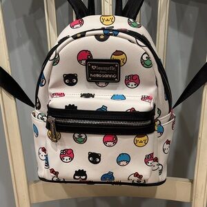 Loungefly White Hello Sanrio Mini Backpack with Multicolor Character Faces